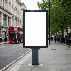 Fototapete Rund Blank billboard advert in urban London setting. Double-decker bus and city street visible. © Henhen