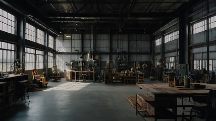 Interior view of a large industrial workshop with workshop tools and equipment