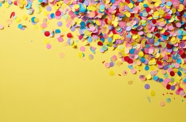Colorful confetti scattered on a yellow background.