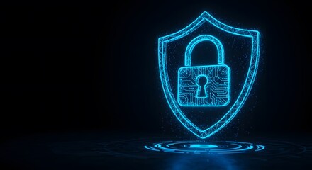 A glowing blue shield with a padlock inside on a black background with radiating blue circles below