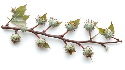 Sycamore branch exhibits spiky seed pods and subtle, pale green leaves against a stark white backdrop