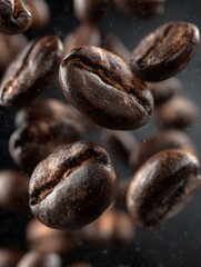 Fototapeta premium Close-up of Roasted Coffee Beans Floating in Air, Studio Shot, Dark Background, Food and Beverage Concept, Aroma