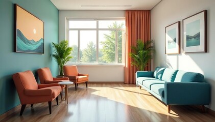 A modern dental office waiting area, featuring comfortable seating and calming decor , interior, dentistry, oral health