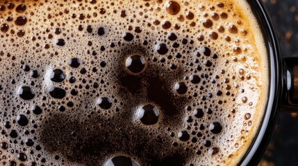 Close-up of Freshly Brewed Coffee with Rich Foam and Bubbles in a Black Mug Top-Down View Studio Shot