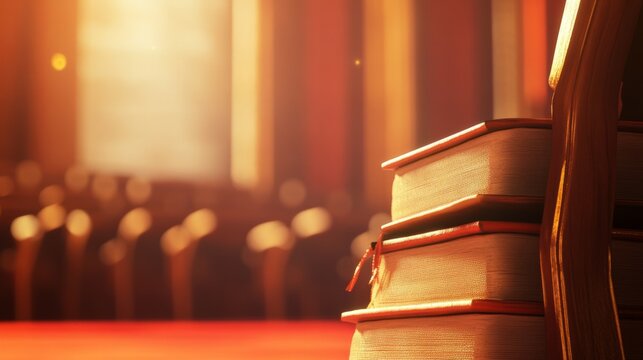 Close-up of graduation items, background shows blurred stage or academic chairs generative ai