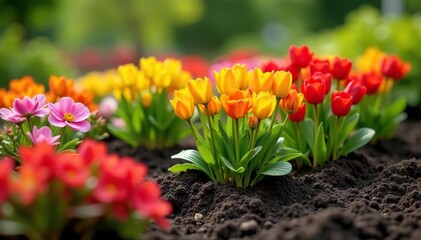 Vibrant colorful bedding plants in a garden bed, ready for planting , spring, potted plants