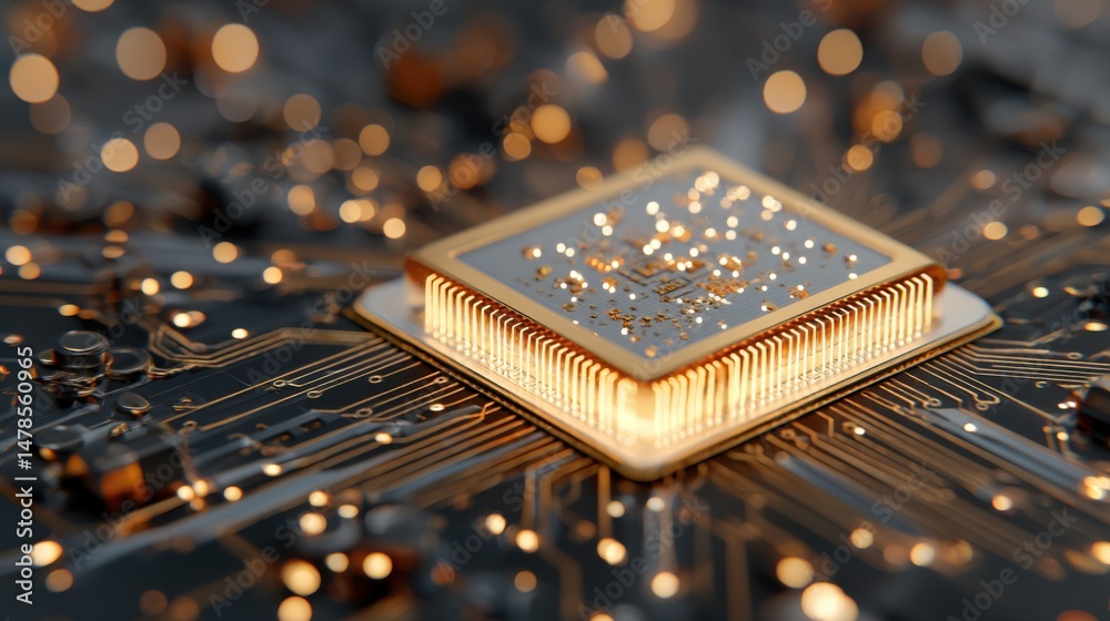 Poster close-up of computer processor on circuit board with bokeh lights digital technology concept high an
