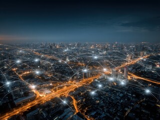 Aerial cityscape at dusk with digital network connections spanning across buildings and roads in a modern metropolis showing communication and technology