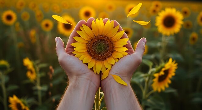hands holding sunflower in field - Powered by Adobe