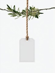 Blank white tag hanging from rope and olive branch against white background studio shot for mockup or product presentation