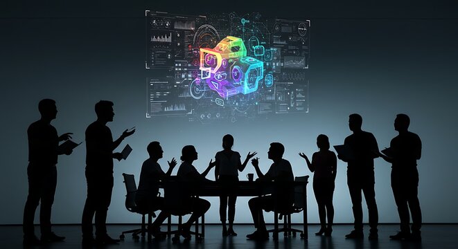 Team discussing data at a meeting with futuristic interface.