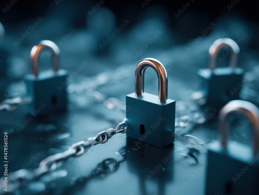 Poster padlocks and chains interconnected representing security and blockchain technology close up view on 