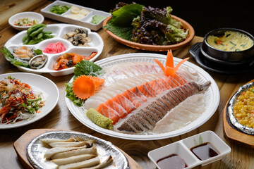 A table of raw fish at a restaurant
