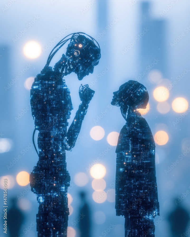 Poster two futuristic robots interacting in a city setting with a soft hazy style and glowing lights behind
