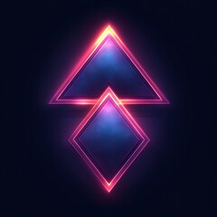Obraz premium Two overlapping triangles, glowing with vibrant neon light, create a futuristic, upward-pointing design. Dark background enhances the vibrant colors