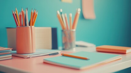 Fototapeta premium A neatly arranged desk with school supplies that include pencils, notebooks, and a pencil holder