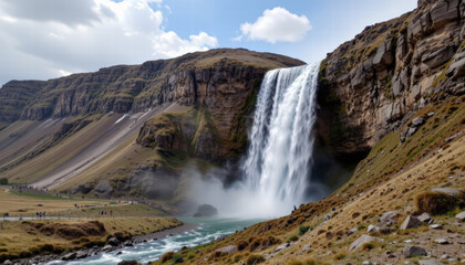 Fototapeta premium Stunning waterfall cascades down rocky cliffs, surrounded by lush greenery and rugged terrain. scene captures beauty of nature, with vibrant sky and mist rising from water
