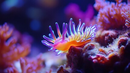Obraz premium Bright nudibranch crawling on coral, with purple and blue gills. Use it for ocean life, underwater themes, and vibrant imagery.