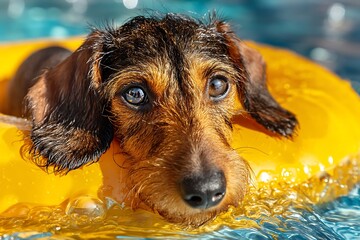 Dachshund floats in pool