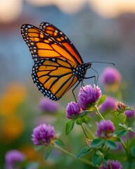 Fototapeta premium Monarch Butterfly on Clover at Dusk