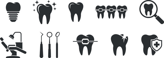 Set Of Dental Care Icons. including dental clinic, teeth, implants, braces, cleaning,
dental tools, and dental chair icons. solid icon vector. icons set flat illustration