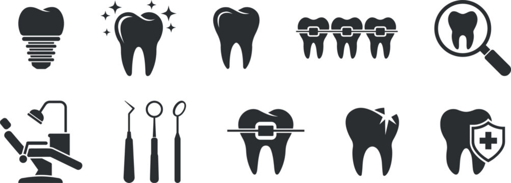Set Of Dental Care Icons. including dental clinic, teeth, implants, braces, cleaning,
dental tools, and dental chair icons. solid icon vector. icons set flat illustration