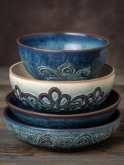 Stacked ceramic bowls showcasing intricate patterns and textures in a studio setting on a rustic wooden surface
