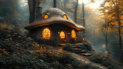 Enchanted Mushroom House in Autumn Forest