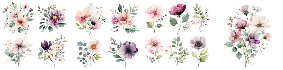 Charming floral arrangements featuring delicate blossoms in soft, pastel hues, ideal for vintage designs, artistic illustrations, and nature-themed projects.