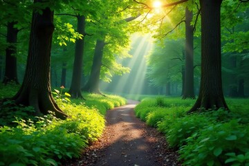 Obraz premium A winding path through a lush green forest, sunlight dappling the leaves , vegetation, leaves