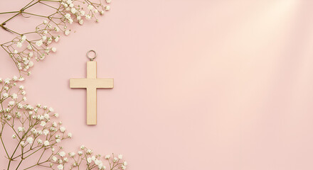 Simple Wooden Cross and Baby's Breath on Soft Pink Background for Faith and Remembrance
A gentle and reverent image featuring a plain wooden cross delicately placed on a soft pink background, framed b