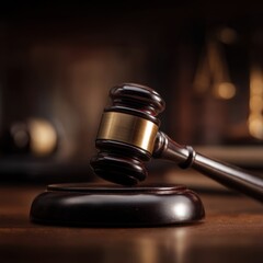 Wooden gavel resting on sound block in courtroom setting low angle law and justice concept