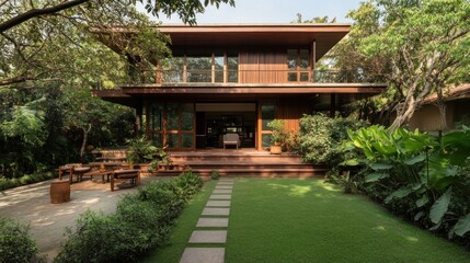 a Spacious contemporary house with lush greenery surrounding it