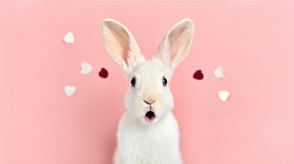 Obraz premium Adorable White Rabbit Surprised Expression Pink Background Valentine s Day Cute Bunny