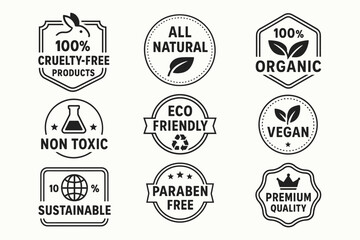 Plakat Vegan, cruelty-free, and eco friendly product certification labels and natural ingredient vector badges set