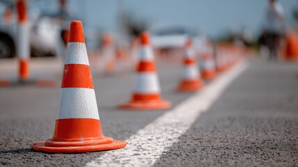 Traffic Cones in Row on Asphalt Surface, Close-up Perspective, Orange and White Safety Barriers, Road Work Detail, Sunny Day