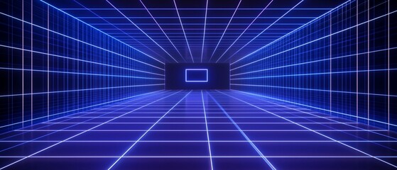 Abstract technology blue grid tunnel, future cyberspace digital connection