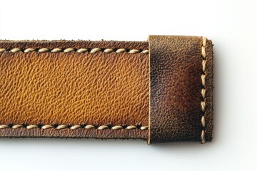 Close-up shot of a brown, worn leather strap with ecru stitching detail. Use for designs related to fashion, craftsmanship, or rustic aesthetics.