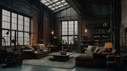 Luxurious Industrial Loft Interior with Exposed Brick and Comfortable Furniture
