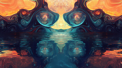 A fantasy pattern of enchanted mirrors reflecting different magical realms, swirling mystical mist around them. [Mirrored Realms] | Inverse Rain | upward fall. Illustration