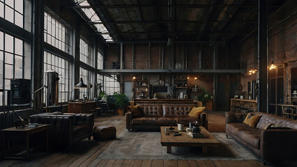 Luxurious industrial loft interior with leather sofas, exposed brick, and large windows.