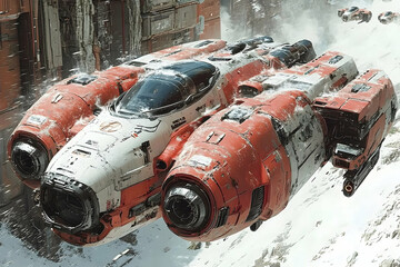Futuristic spacecraft, red and white, snow-covered landscape.  Detailed design, weathered appearance, powerful engines