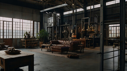 Luxurious industrial loft interior with vintage furniture and distillery equipment