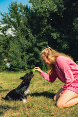 Young woman playing with her dog and shuttlecocks concept. Summer outdoor activities. Staycation...