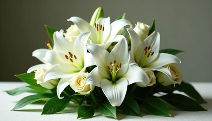 Obraz premium Elegant white lilies and roses funeral arrangement Peaceful, somber, sympathy, remembrance , respectful, farewell