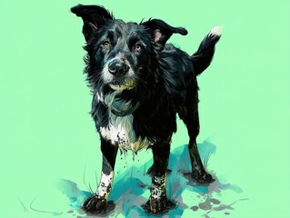 Naklejka premium Dog with muddy paws after play, proud mess on pastel green