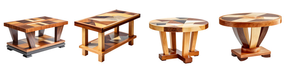 Fototapeta premium Unique artistic wooden table designs with geometric patterns featuring rich textures and hues, perfect for interior decor and modern aesthetics in home furnishing.