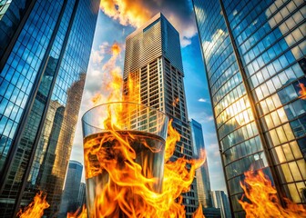 Macro Inferno: Blazing Skyscrapers, Urban Fire Disaster Stock Photo