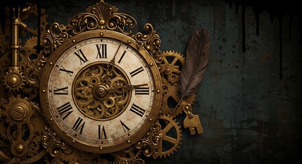 Vintage Clock with Gears and Feather on Textured Background