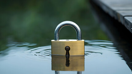 Brass Padlock Floating In Rippling Water Near Wooden Dock
